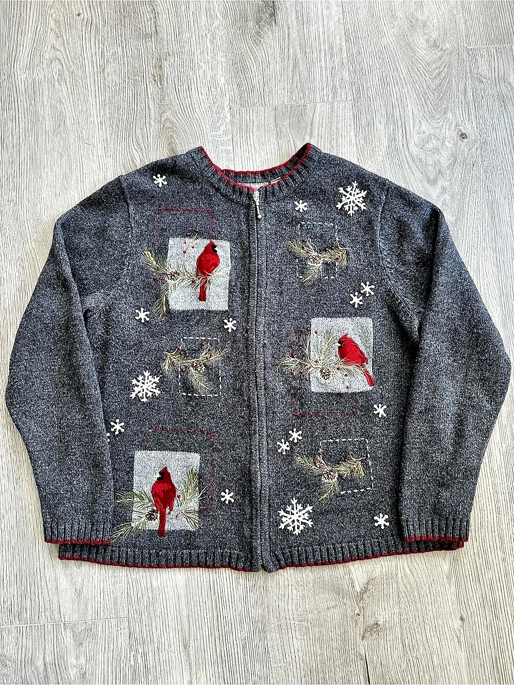 Croft & Barrow Vintage Cardinal Wool Blend Zip Cardigan Sweater Large Christmas